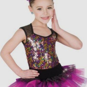 Dance costume leotard multi color sequence w. black sleeves and bottom